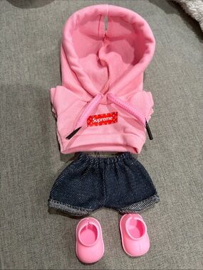 Labubu or XS doll Supreme Pink Hoodie Outfit with shoes